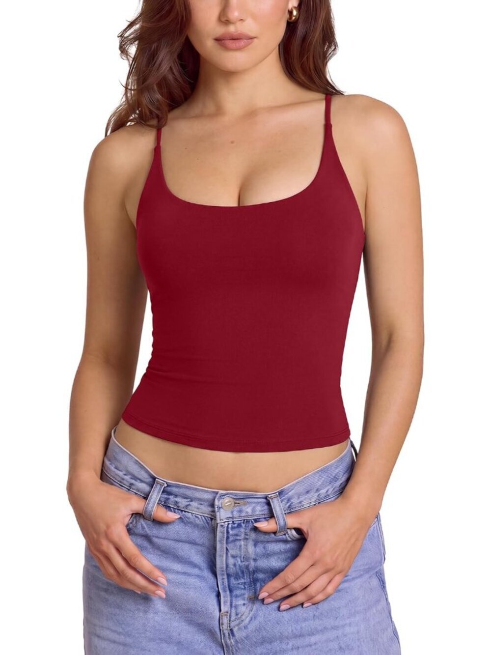 Women's Wine Red Sleeveless Scoop Neck Double LINE Pull On Imported Tank Tops
